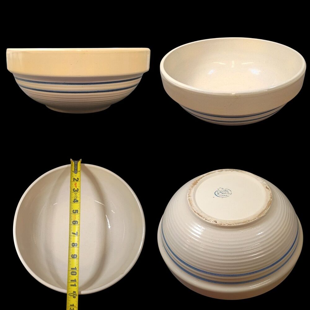Vintage Marshall Pottery Bowl Large Texas Stoneware Colonial Blue Stripes 11.5”